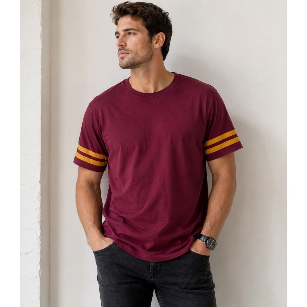 Royal Avalon‎ Mens Maroon Yellow Varsity Stripe Sleeve Cotton T-Shirt L